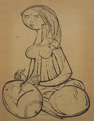 The Lacemaker by Aldemir Martins, black ink painting on toned paper, offered Jan 2024