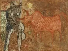 Teódulo Romulo, Toro Rojo, mixografia print in colors on paper