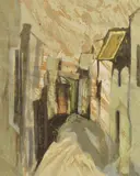 Carole Moskowitz, Houses Along an Alley, silkscreen in colors mounted to board