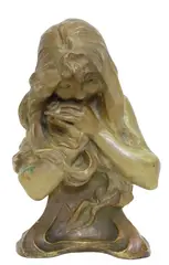 Léo Roussel, Female Bust, Art Nouveau glazed ceramic sculpture