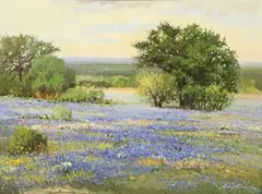 Hill Country Landscape with Bluebonnets by Jerry Jordan, oil on canvas, offered Dec 2023