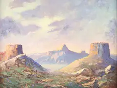 Western Landscape with Buttes by Clarence [Pops] Kincaid Sr., oil on board, offered Dec 2023