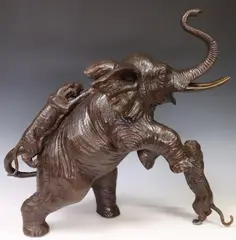 Genryusai Seiya, Tigers Hunting an Elephant, Patinated bronze sculpture