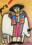 Woman with Bull by Juan Carlos Aguilar Breceda, mixed media on paper, offered Nov 2023