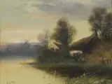 Arthur H. Cole, Country Landscape with Cottage, oil on canvas painting mounted to board