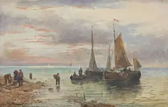 Adrian Van Porten, Fishing Boats on the Shoreline, oil on canvas
