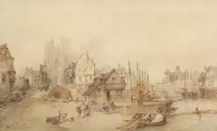 Paul Marny, Abbeville, watercolor painting on paper mounted to canvas