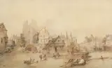 Paul Marny, Abbeville, watercolor painting on paper mounted to canvas