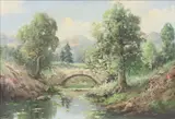 Lucien Chanay, Landscape with Stone Arch Bridge, oil on canvas