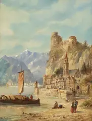 Franz Auguste Rezia, View of Beilstein on the Moselle River, oil on canvas