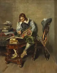 Cavalier with model canon and pair of compasses by Torello Ancillotti, oil on oak panel, offered Oct 2023