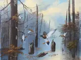J. Delmar, Mallards in Flight, oil on canvas
