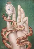 Alfredo Jimenez, Hand with Lover's Eye and Kaa, acrylic on canvas painting mounted to board