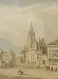 G.E. Ellis, Hotel de Ville de Compiegne, watercolor painting on board