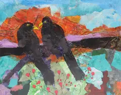 Two Crows by Judy Copeland, acrylic painting with collage on paper, offered Oct 2023