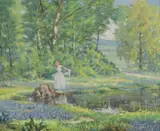 Simon Michael, Woman in Field of Bluebonnets, oil on Masonite
