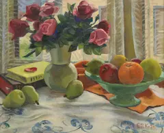 Edmund Daniel Kinzinger, Still Life with Fruit and Vase of Roses, oil on board