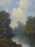 Aubrey Dale Greer, Riverside Cabin at Evening