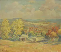Raymond Everett, Autumn Landscape with Cabin, oil on board