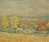 Raymond Everett, Autumn Landscape with Cabin, oil on board