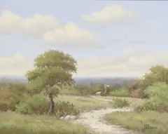 C.P. Montague, Hill Country Landscape with Windmill, oil on canvas