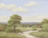 C.P. Montague, Hill Country Landscape with Windmill, oil on canvas