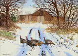 Manuel Garza, Turkeys in the Snow, oil on board