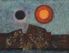 Michael Frary, Ethereal Shoreline under Black Moon and Sun, oil painting on paper