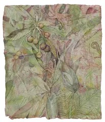 Priscilla Robinson, Loquat, Mixed media painting on handmade paper laid down on board