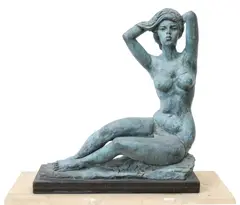 Charles Umlauf, Seated Female Bather with Raised Arms, Verdigris bronze sculpture mounted on black granite plinth