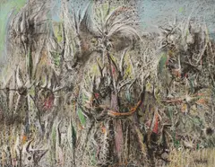 Everett Spruce, Palms in the Wind, oil crayon on board