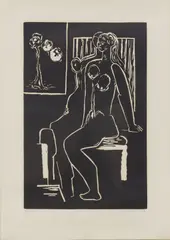 Seated Female Figure by Hans Burkhardt, relief print (linocut or woodcut) on paper, sold Sep 2023