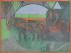Eddie Arning, Horse-Drawn Cart, crayon drawing on paper