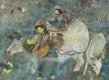 Dominic Toming Cheng, Two Women with Oxen, mixed media painting on board