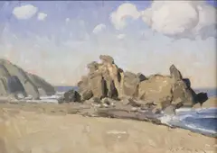 Coastal Monument by Eric Bowman, oil on board, sold Aug 2023