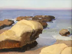 Beach Rocks by Eric Bowman, oil on board, sold Aug 2023