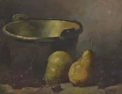 Leroy, Still Life with Brass Jelly Pan and Fruit, oil on canvas