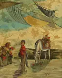 Jan Douglas Bish, Young Boy and Donkey, mixed media collage on panel