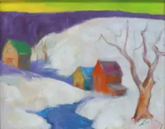 Winter Landscape with Houses by Alan Lachman, acrylic on canvas, offered Jun 2022