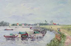 John Clymer, Shoreline with Boats, oil on canvas