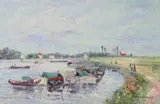 John Clymer, Shoreline with Boats, oil on canvas