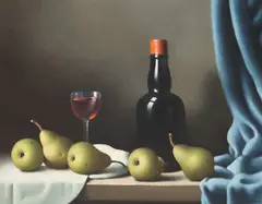 Christopher Cawthorn, Still Life with Bottle of Wine and Pears, oil on canvas