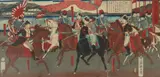 Chikanobu, News of Kagoshima Conquest, triptych woodblock print on paper