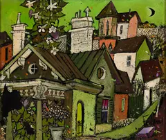 Henry Faulkner, Houses on the Hill, Oil on masonite