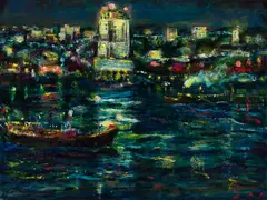 Eugene C. Fitsch, New York Harbor and City Lights, Oil on panel