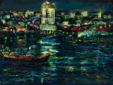 Eugene C. Fitsch, New York Harbor and City Lights, Oil on panel