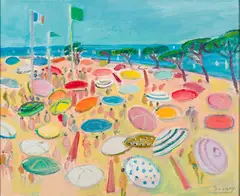 Robert Savary, "La plage aux pins parasols" (Parasol Pine Beach), Oil on canvas