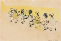 Moura Chabor, Children Playing, Watercolor and charcoal on paper