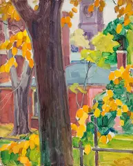 Clifford Ulp, Autumn Church and Trees, Oil on panel