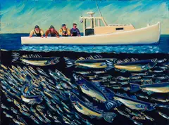 John Neville, Big Fish and Little Fish Under the Fishing Boat, Oil on canvas